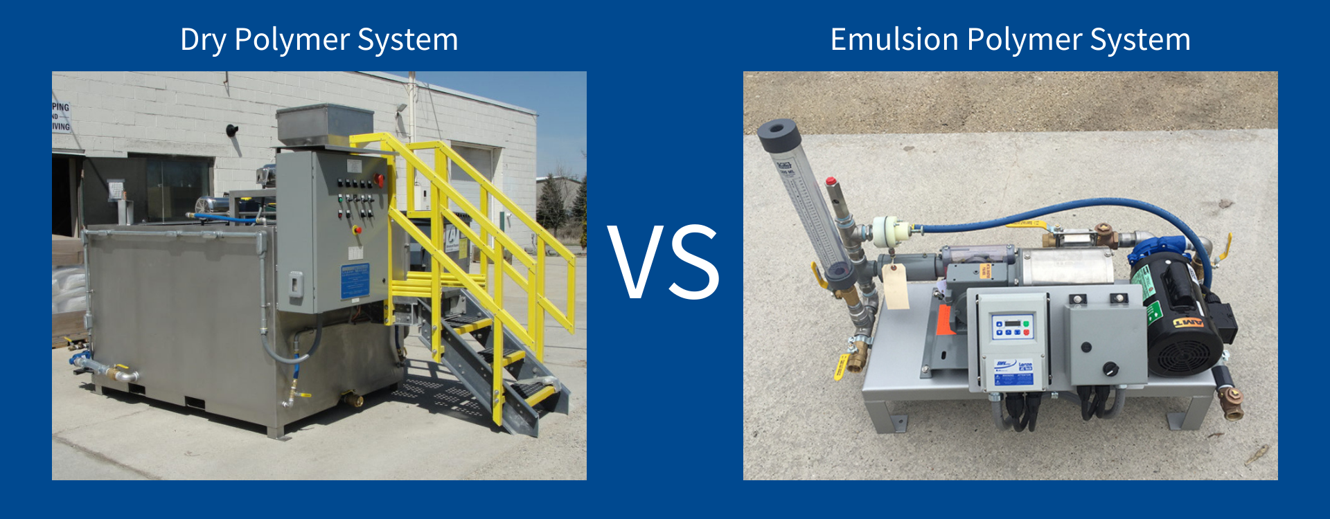 This image shows a picture of a dry polymer preparation unit next to a picture of a liquid polymer unit to show their differences.