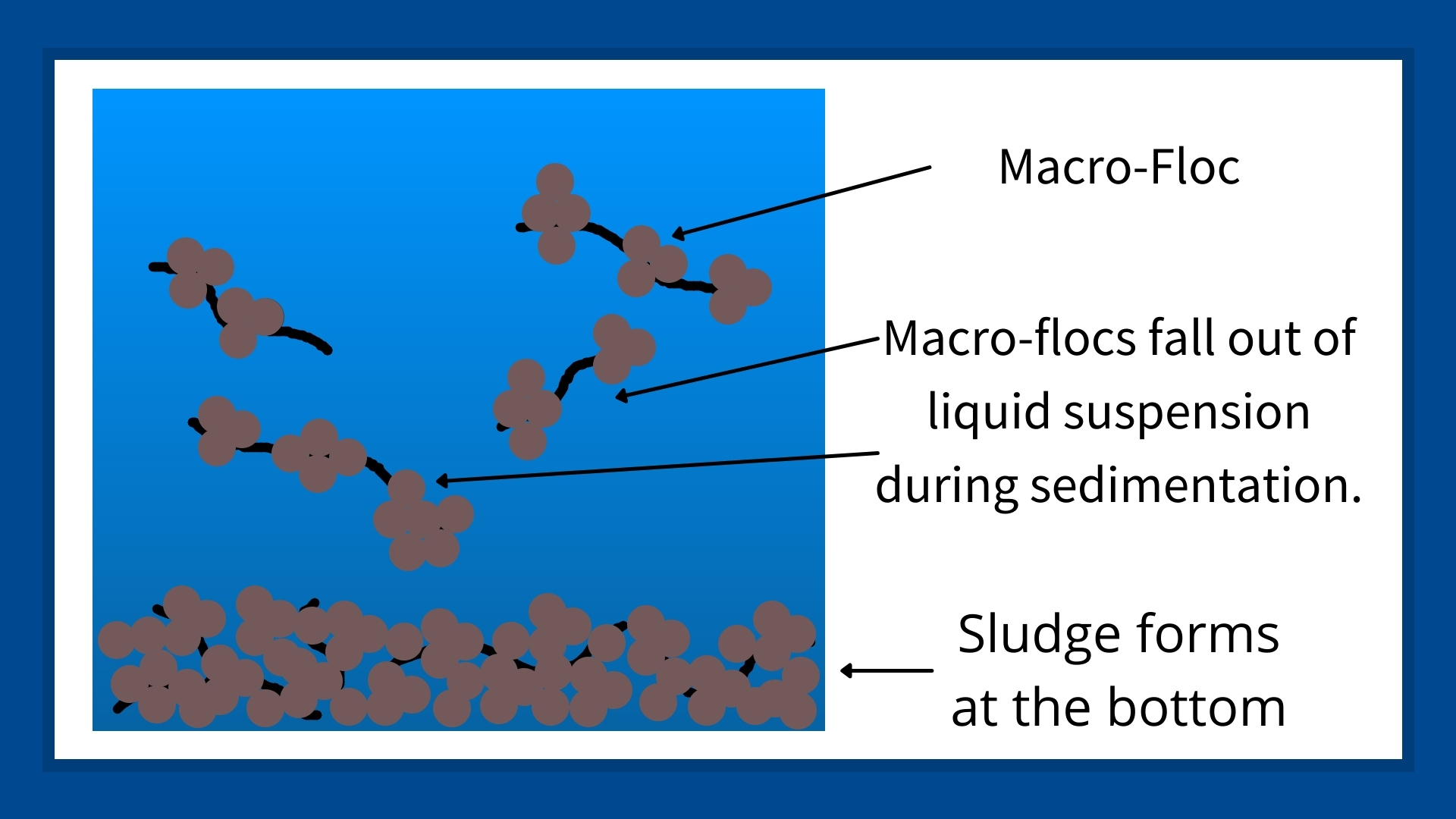 This image contains a graphic to the left and text on the right. The graphic and text are showing how flocculants capture small particles and bring them together for form large particles that increase sedimentation.