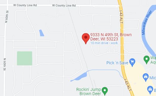 9333 N. 49th St. Brown Deer, WI 53223 marcado en un mapa.