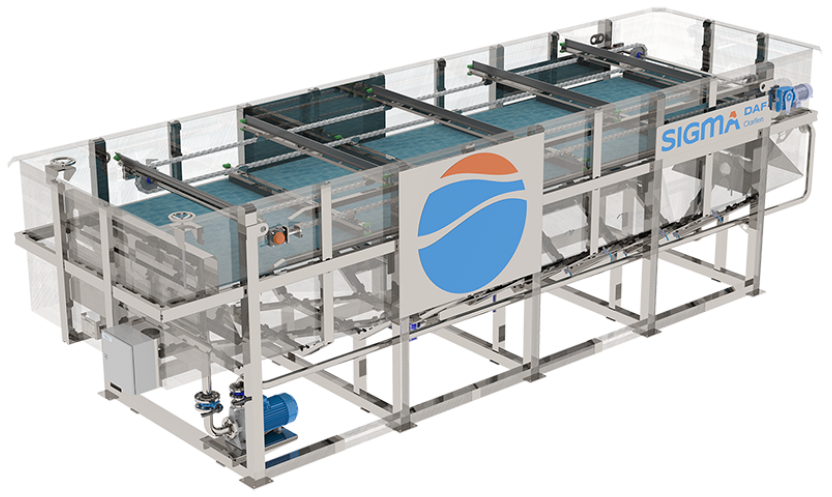 The rendering of the DAF model FPAC which has a large surface area for high solids loads and provides dissolved air flotation for industrial wastewater treatment. 