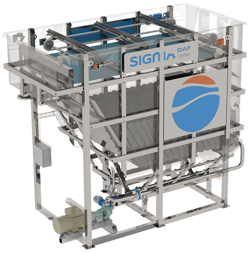 The rendering of the DAF model FPBC which has a lamella plate pack for low solids loads and provides dissolved air flotation for industrial wastewater treatment. 